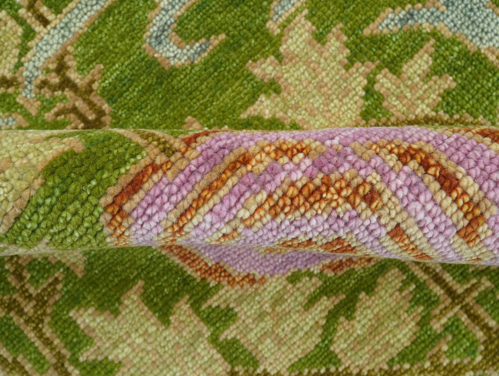 Custom Made Green And Pink Traditional Donegal Design Hand Knotted wool area rug