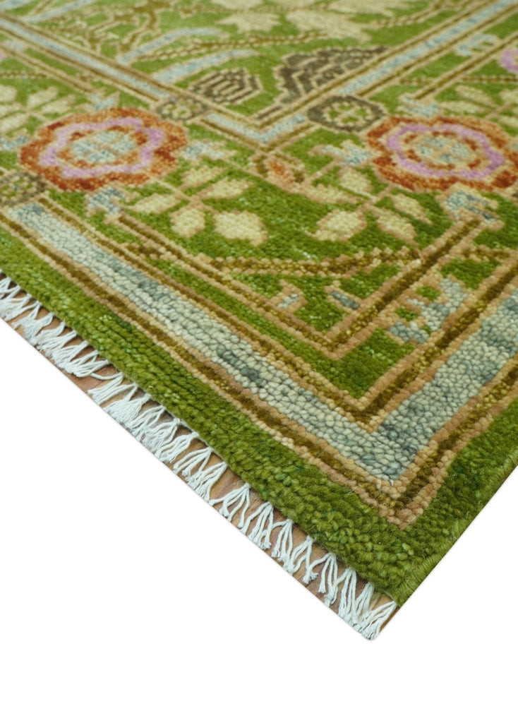 Custom Made Green And Pink Traditional Donegal Design Hand Knotted wool area rug