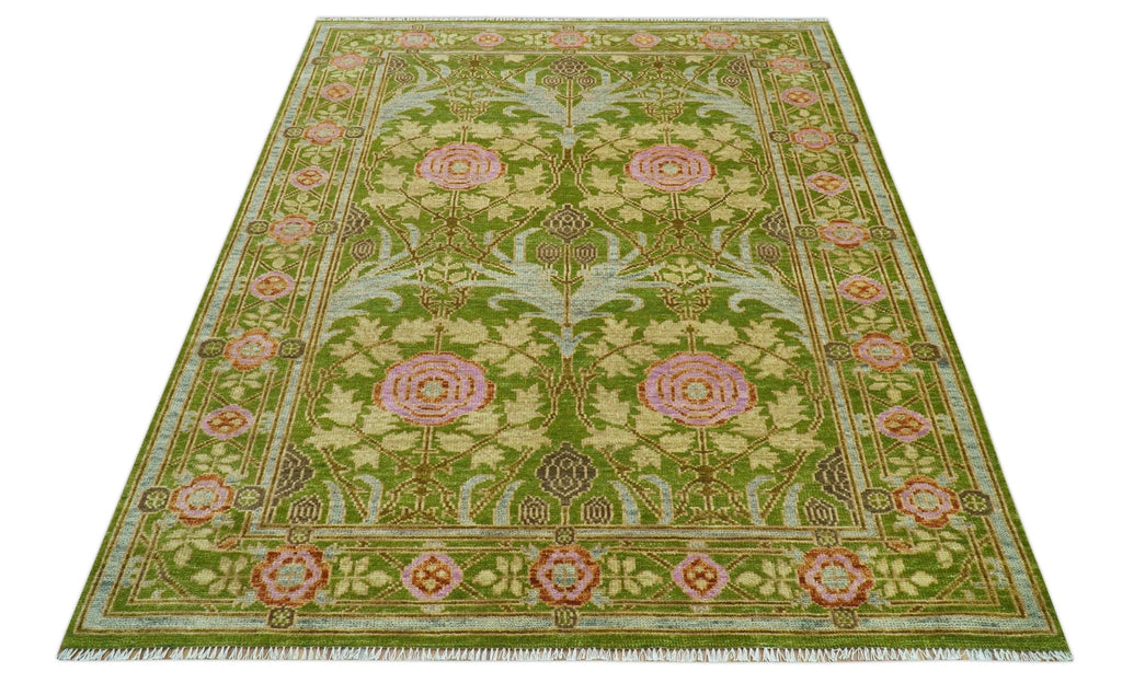 Custom Made Green And Pink Traditional Donegal Design Hand Knotted wool area rug