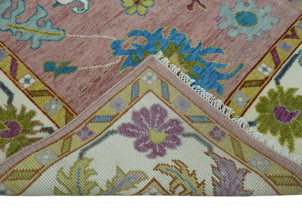 Custom Made Hand Knotted Pink and Ivory Colorful Oushak Rug
