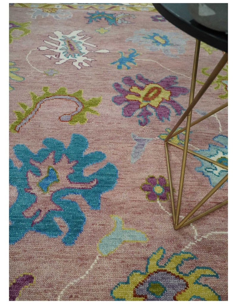 Custom Made Hand Knotted Pink and Ivory Colorful Oushak Rug