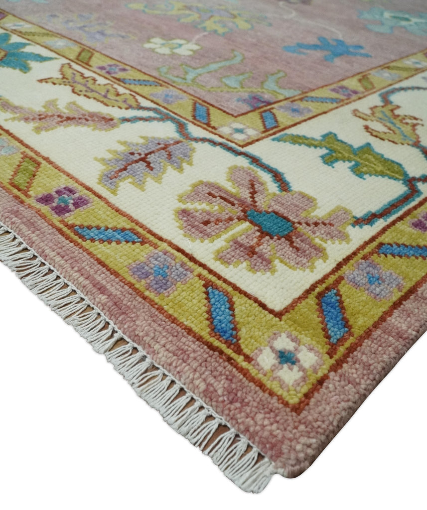 Custom Made Hand Knotted Pink and Ivory Colorful Oushak Rug
