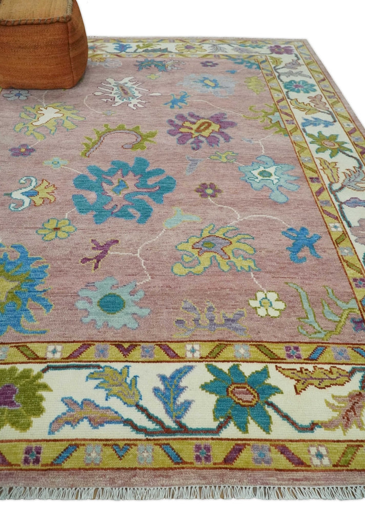 Custom Made Hand Knotted Pink and Ivory Colorful Oushak Rug