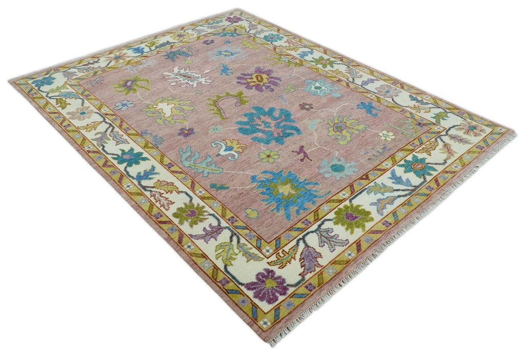 Custom Made Hand Knotted Pink and Ivory Colorful Oushak Rug