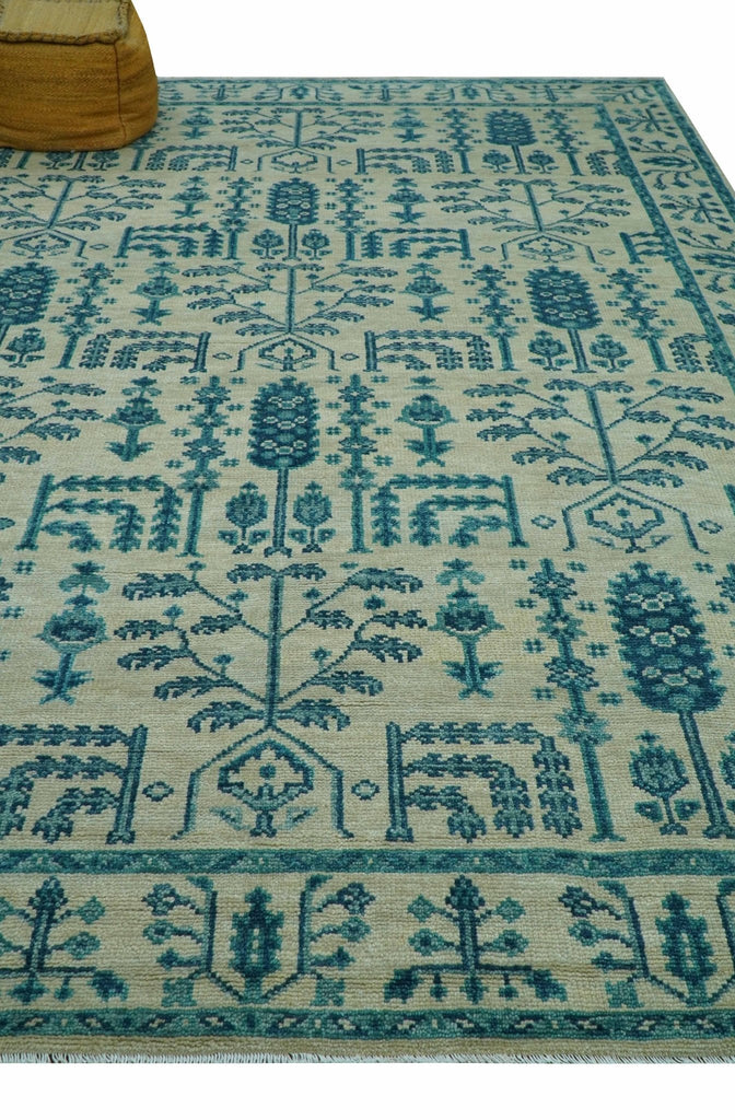 Custom Made Traditional Tree of Life Teal And Ivory Hand Knotted Wool Rug
