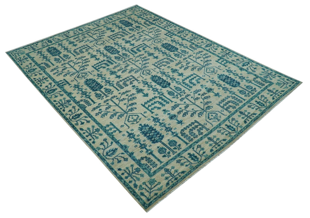 Custom Made Traditional Tree of Life Teal And Ivory Hand Knotted Wool Rug