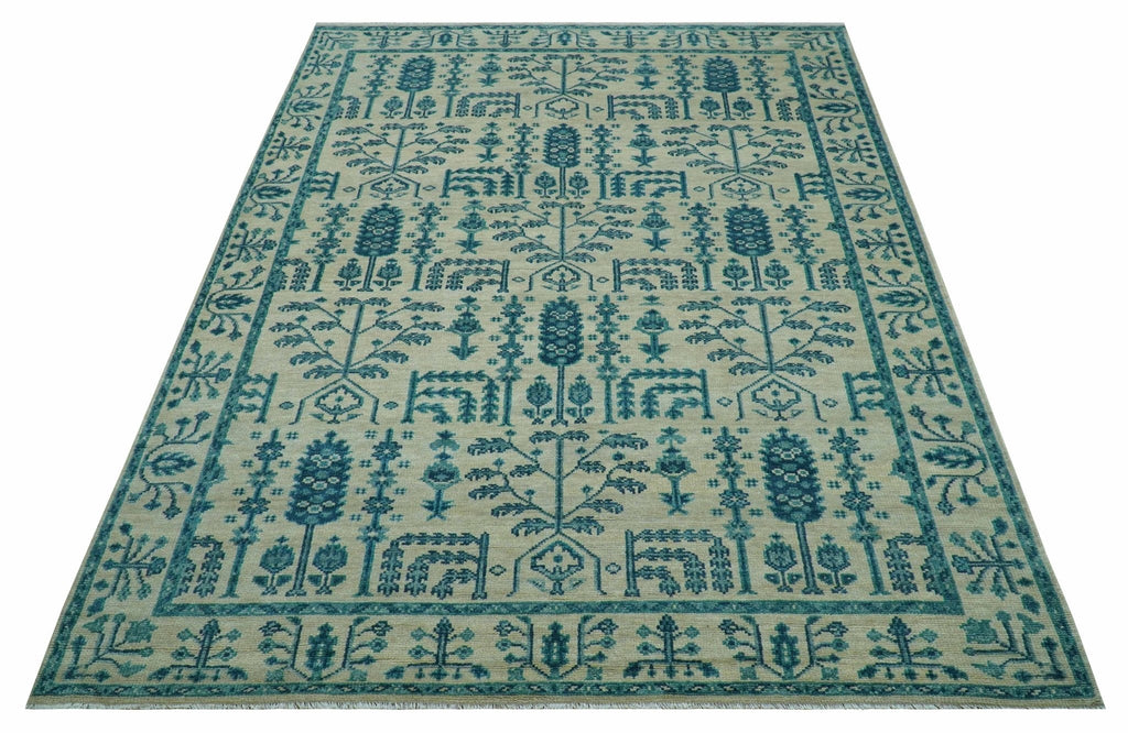 Custom Made Traditional Tree of Life Teal And Ivory Hand Knotted Wool Rug