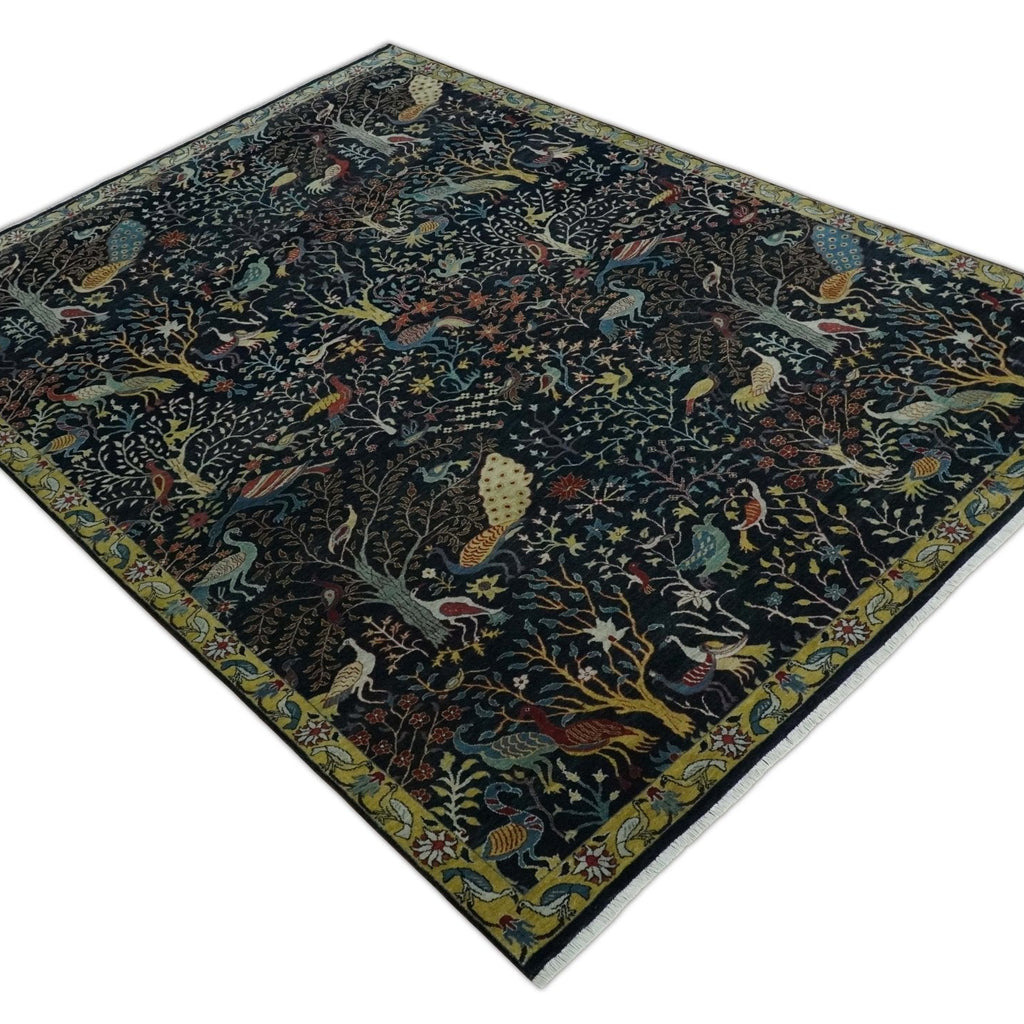 Fine The Jungle Life Peacock on tree Rug 8x10, 9x12 Hand Knotted Black and Mustard Wool Rug