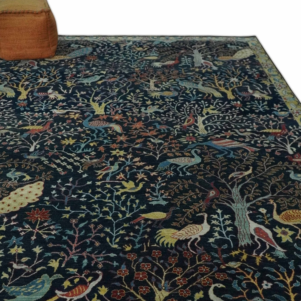 Fine The Jungle Life Peacock on tree Rug 8x10, 9x12 Hand Knotted Black and Mustard Wool Rug