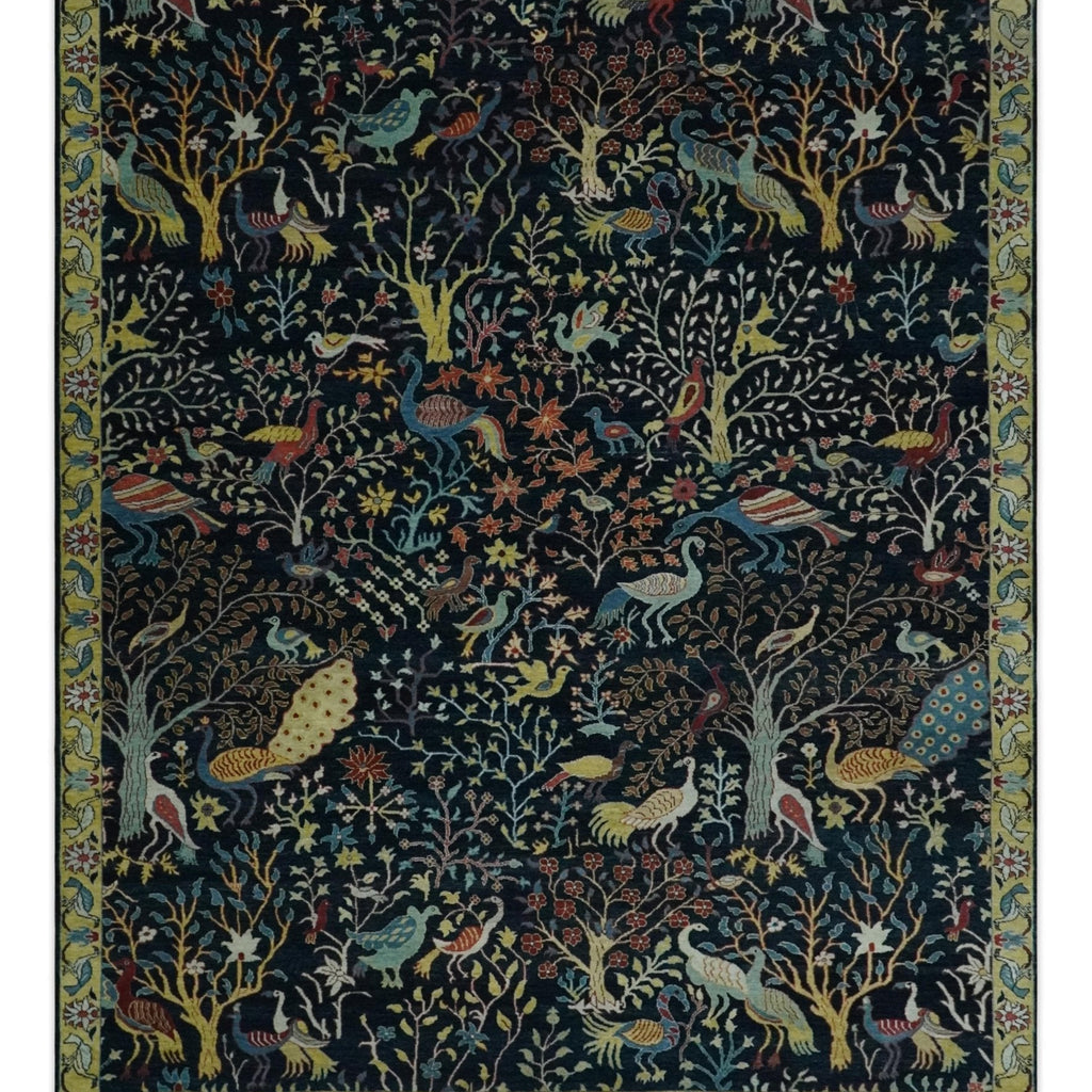 Fine The Jungle Life Peacock on tree Rug 8x10, 9x12 Hand Knotted Black and Mustard Wool Rug