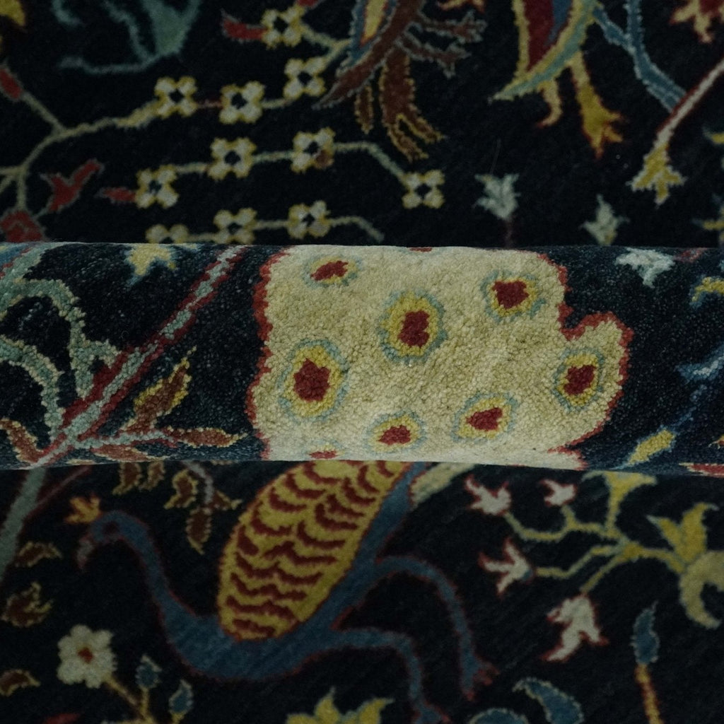 Fine The Jungle Life Peacock on tree Rug 8x10, 9x12 Hand Knotted Black and Mustard Wool Rug