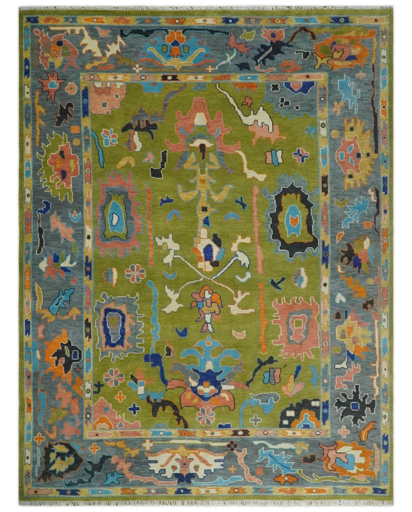 Green, Gray and Peach Vibrant Colorful Hand knotted Traditional Oushak 8x10 and 9x12 wool Area Rug