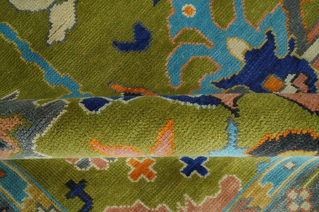Green, Gray and Peach Vibrant Colorful Hand knotted Traditional Oushak 8x10 and 9x12 wool Area Rug