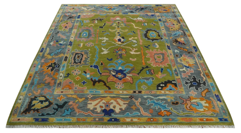 Green, Gray and Peach Vibrant Colorful Hand knotted Traditional Oushak 8x10 and 9x12 wool Area Rug