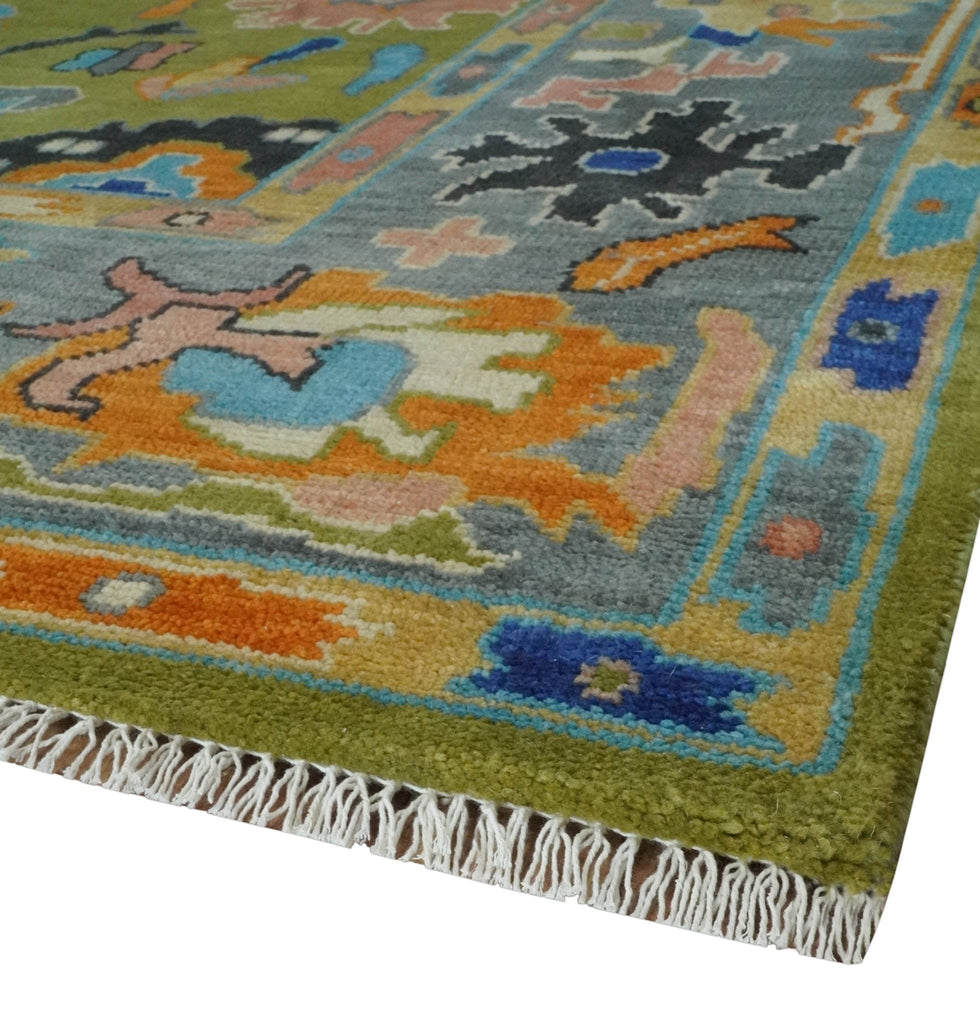 Green, Gray and Peach Vibrant Colorful Hand knotted Traditional Oushak 8x10 and 9x12 wool Area Rug