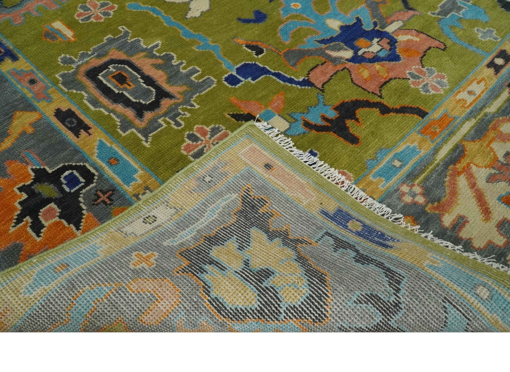 Green, Gray and Peach Vibrant Colorful Hand knotted Traditional Oushak 8x10 and 9x12 wool Area Rug