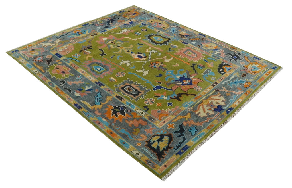 Green, Gray and Peach Vibrant Colorful Hand knotted Traditional Oushak 8x10 and 9x12 wool Area Rug