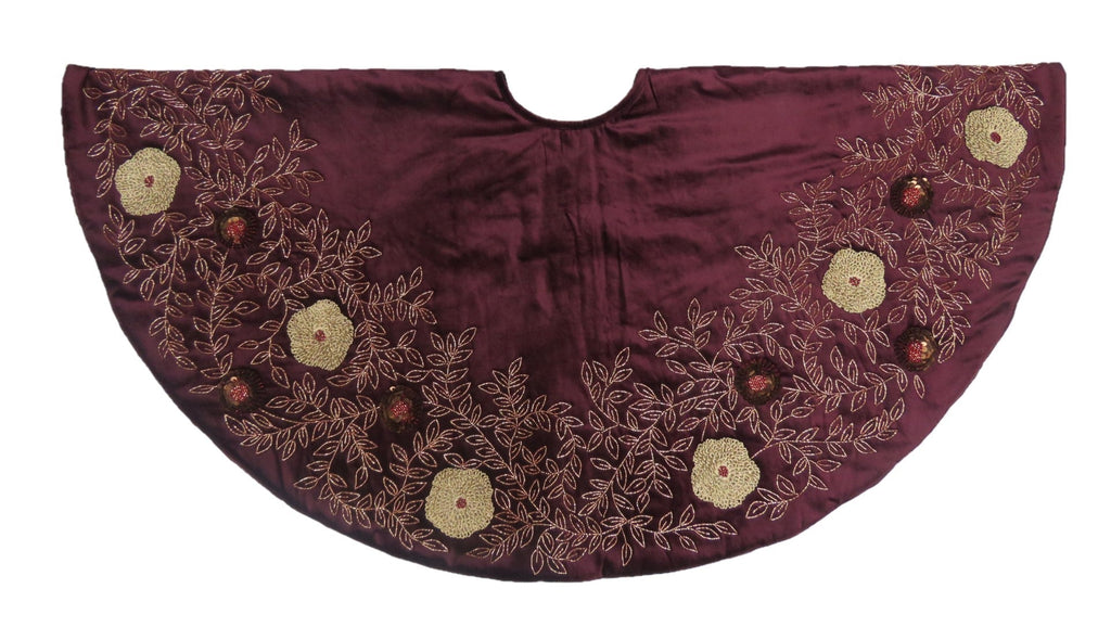 Hand Beaded Velvet Floral WIne Christmas Tree Skirt 60" Arcadia Home
