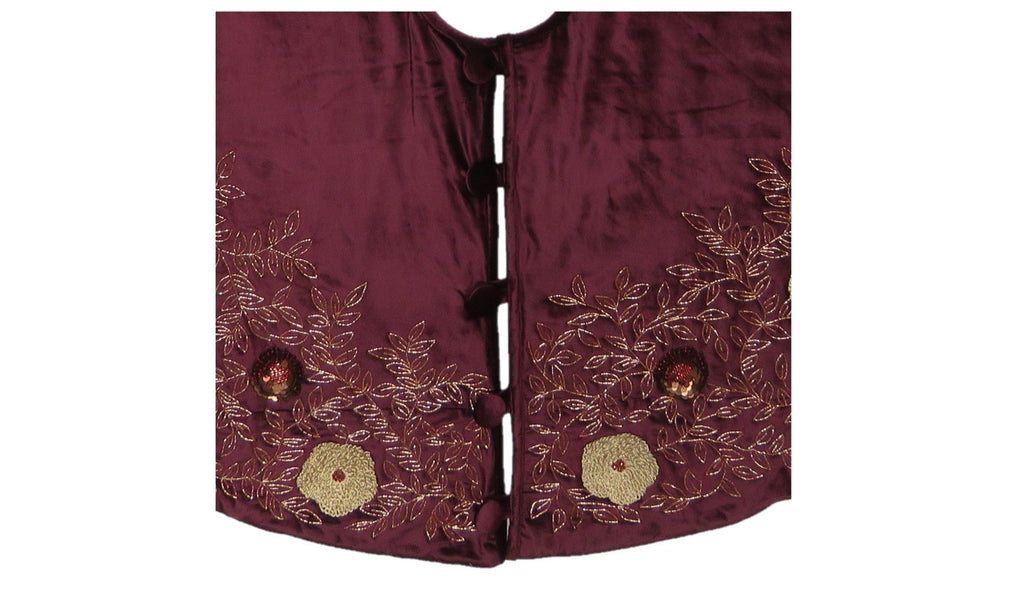 Hand Beaded Velvet Floral WIne Christmas Tree Skirt 60" Arcadia Home