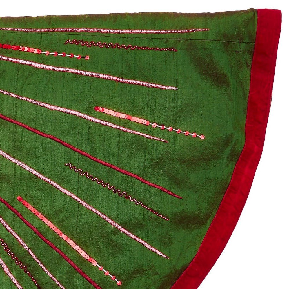 Hand Beaded Starburst Green Silk Christmas Tree Skirt 60" Arcadia Home