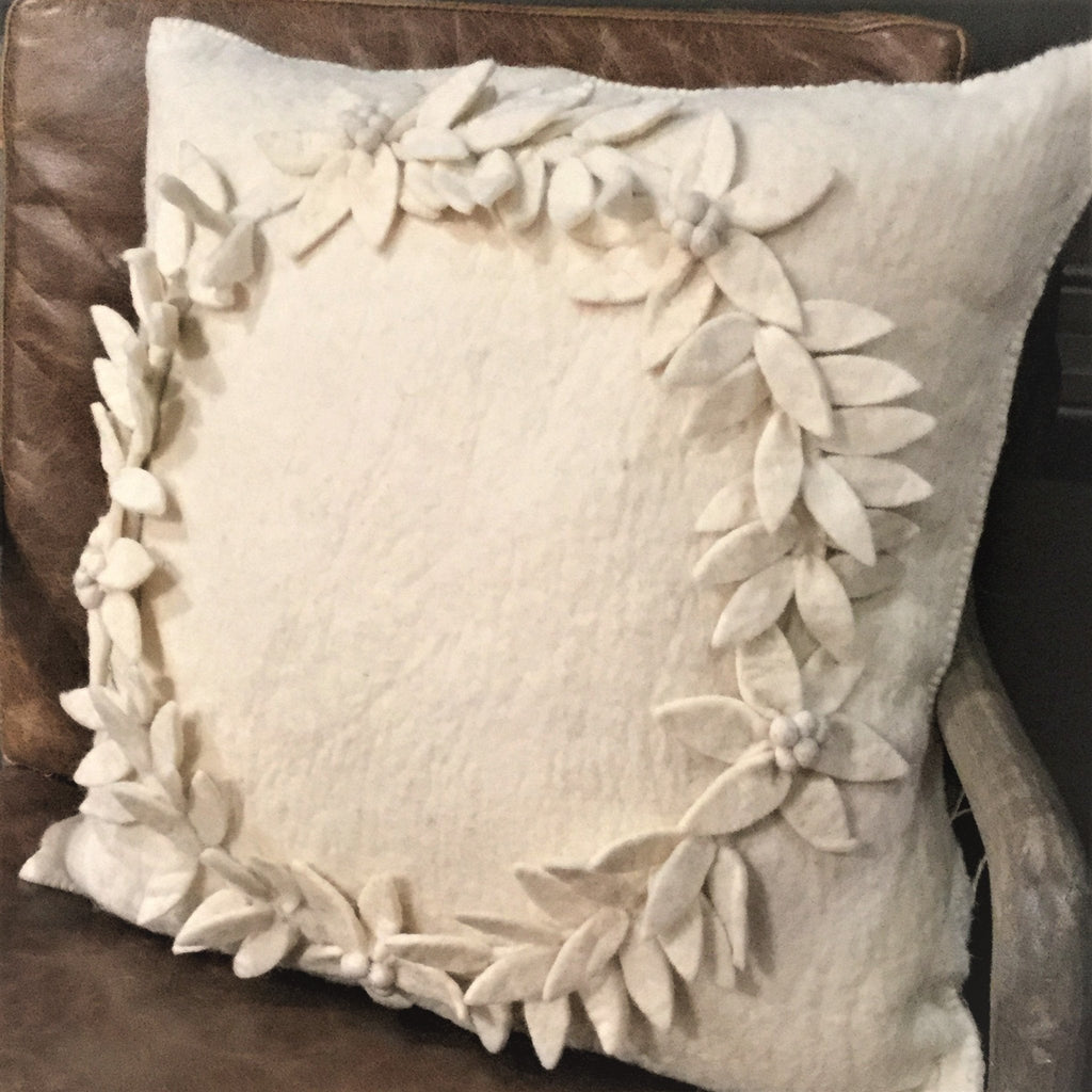 Hand Felted Wool Christmas Pillow –Cream Wreath – 20" Arcadia Home