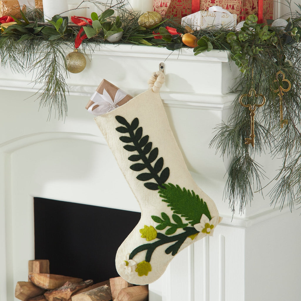 Hand Felted Wool Christmas Stocking - Green Leaves Cream Arcadia Home