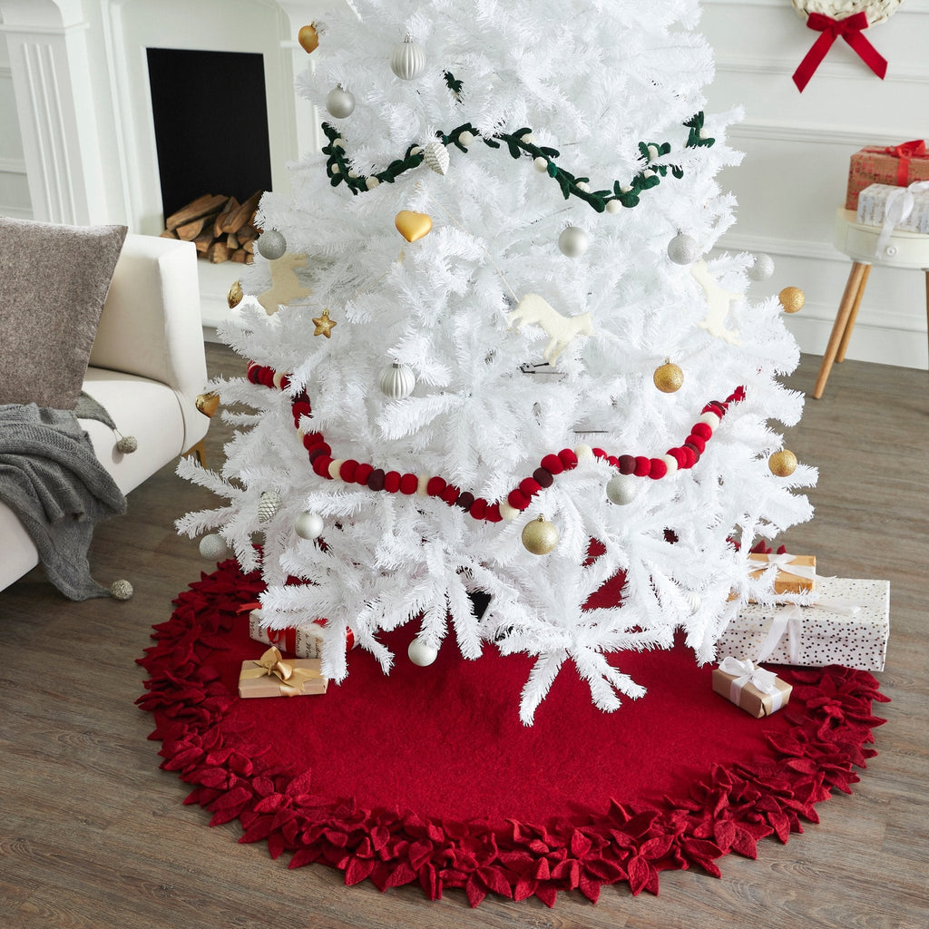 Hand Felted Wool Overlapping Flowers Border Maroon Christmas Tree Skirt 64"/72" Arcadia Home