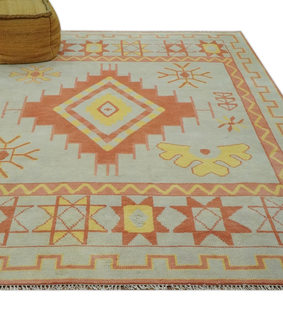 Hand Knotted 8x10 Silver, Peach and Mustard Southwestern wool area rug