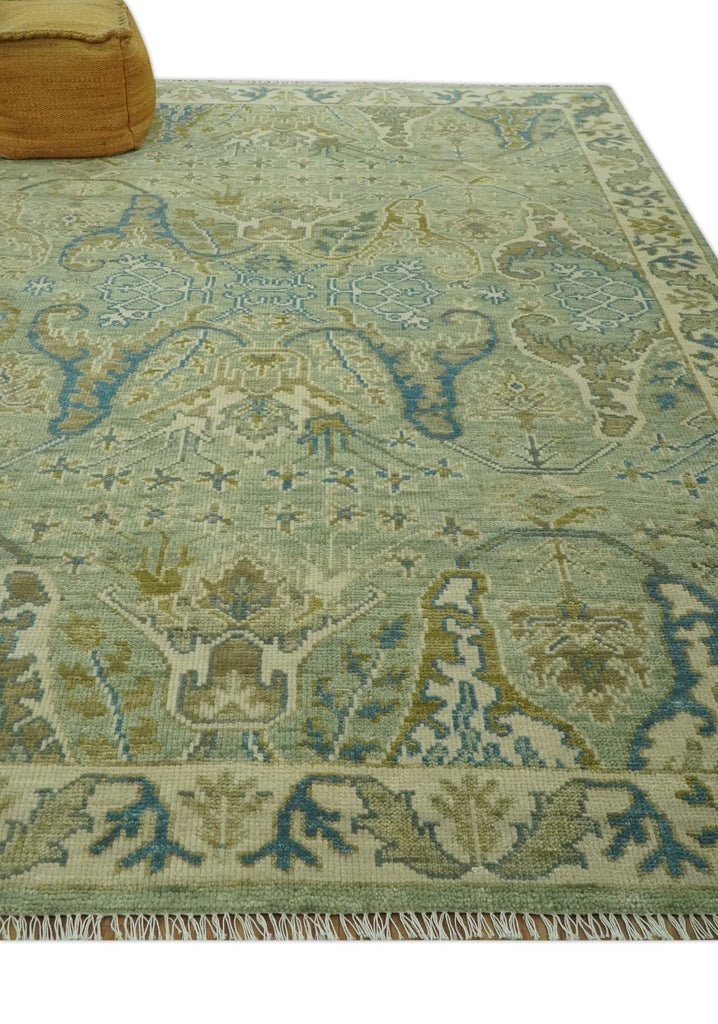 Hand Knotted Green, Olive and Teal Traditional Dragon Oushak Design 8x10 wool rug