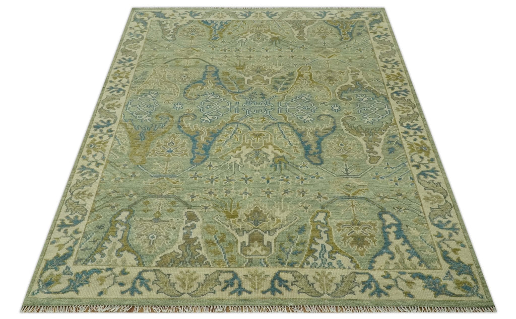 Hand Knotted Green, Olive and Teal Traditional Dragon Oushak Design 8x10 wool rug