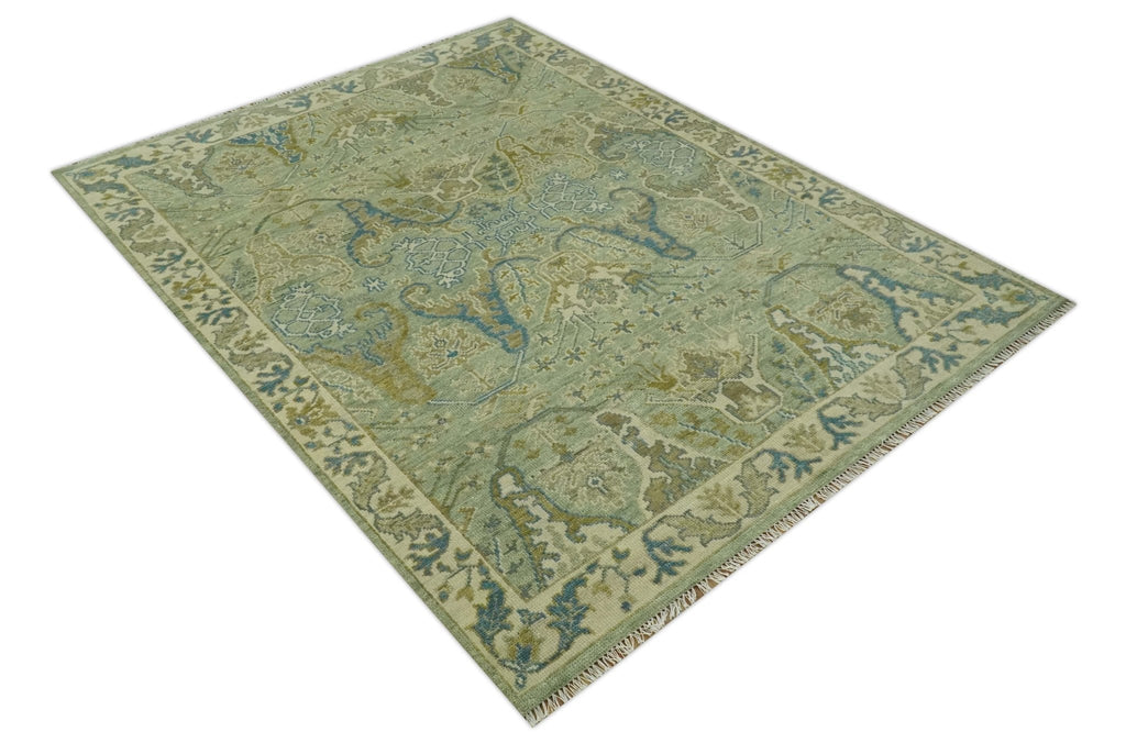 Hand Knotted Green, Olive and Teal Traditional Dragon Oushak Design 8x10 wool rug