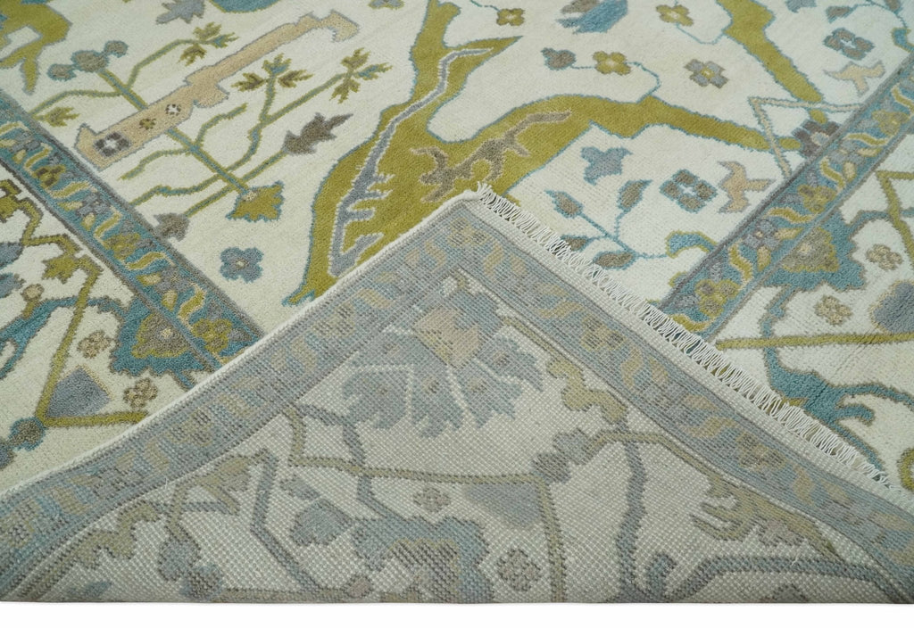 Hand Knotted Ivory, Teal and Olive Oriental Oushak 9x12 Wool Area Rug