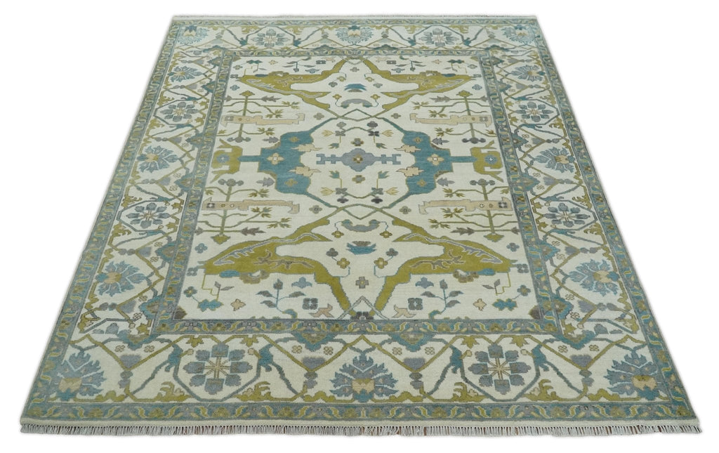 Hand Knotted Ivory, Teal and Olive Oriental Oushak 9x12 Wool Area Rug