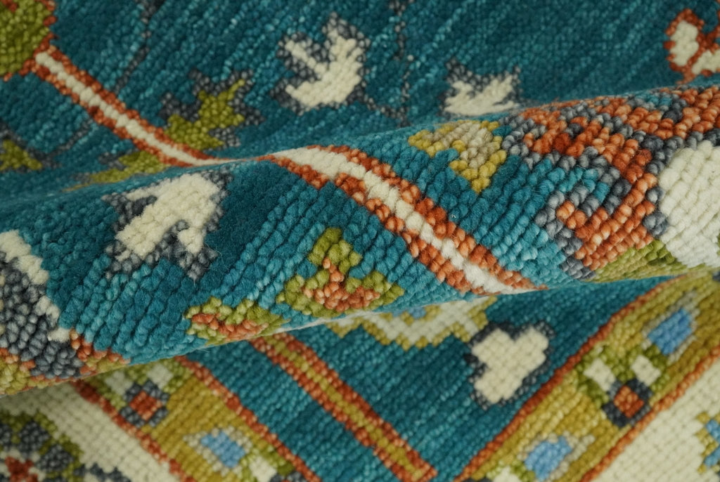 Hand Knotted Teal Blue and Ivory Tree of Life Traditional Vintage Style Wool Rug