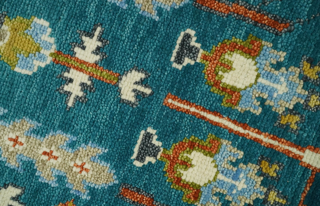 Hand Knotted Teal Blue and Ivory Tree of Life Traditional Vintage Style Wool Rug