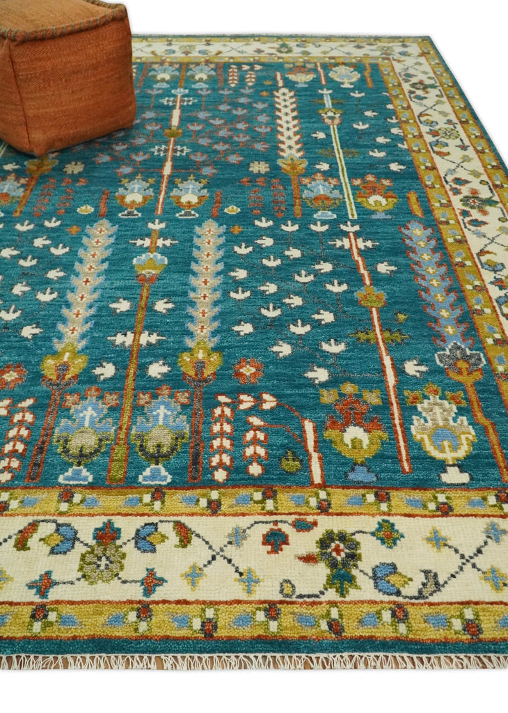 Hand Knotted Teal Blue and Ivory Tree of Life Traditional Vintage Style Wool Rug