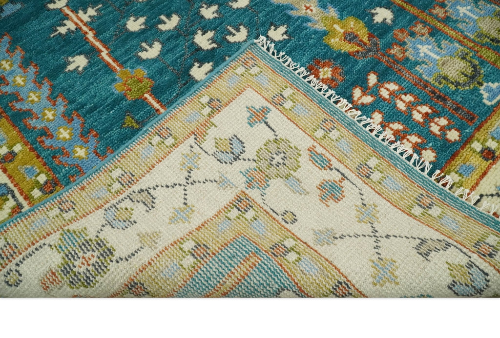 Hand Knotted Teal Blue and Ivory Tree of Life Traditional Vintage Style Wool Rug
