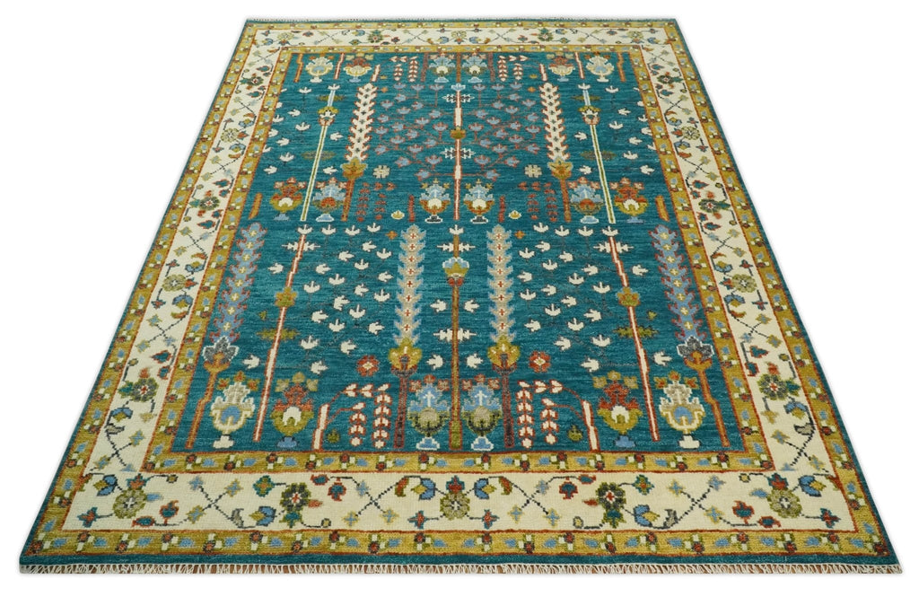 Hand Knotted Teal Blue and Ivory Tree of Life Traditional Vintage Style Wool Rug
