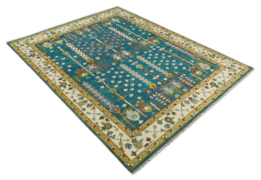 Hand Knotted Teal Blue and Ivory Tree of Life Traditional Vintage Style Wool Rug