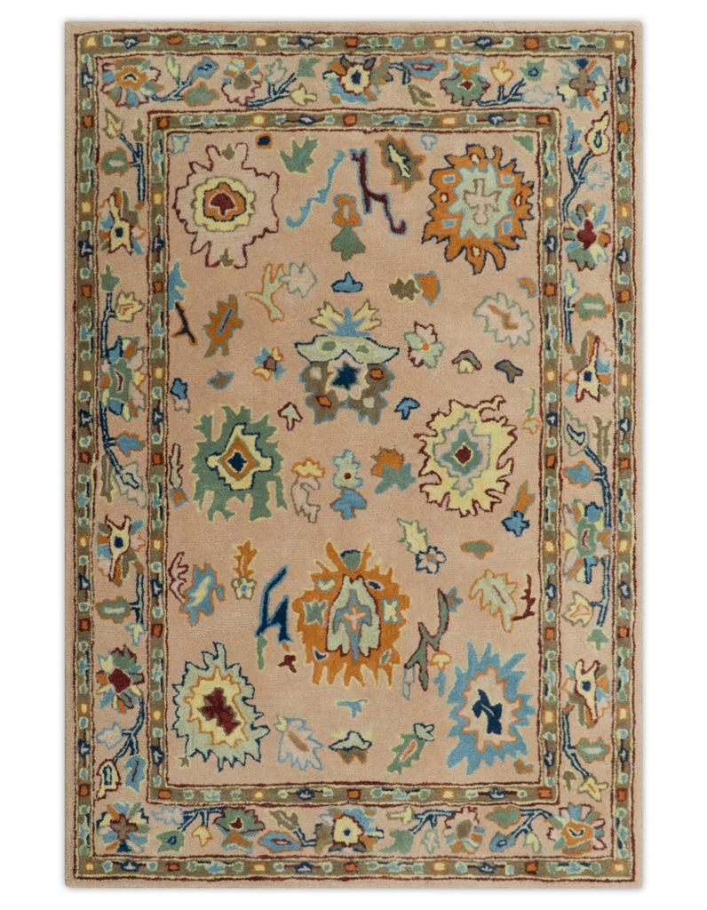 Hand Tufted Pink Peach and Gold Modern Colorful Oushak Rug, Kids, Living Room and Bedroom Rug | TRD6461