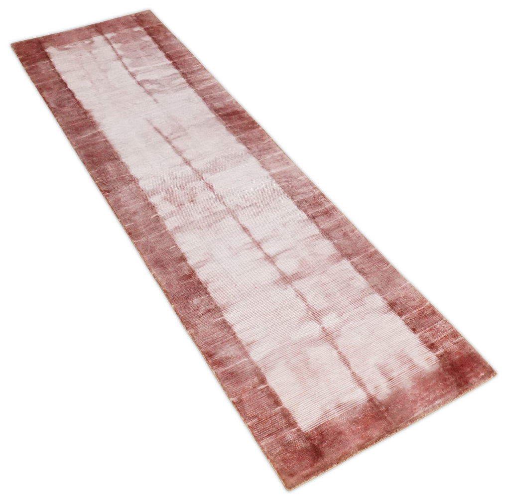 Hand Woven Silver ,Pink and Peach Abstract Art Silk Runner | KNT7