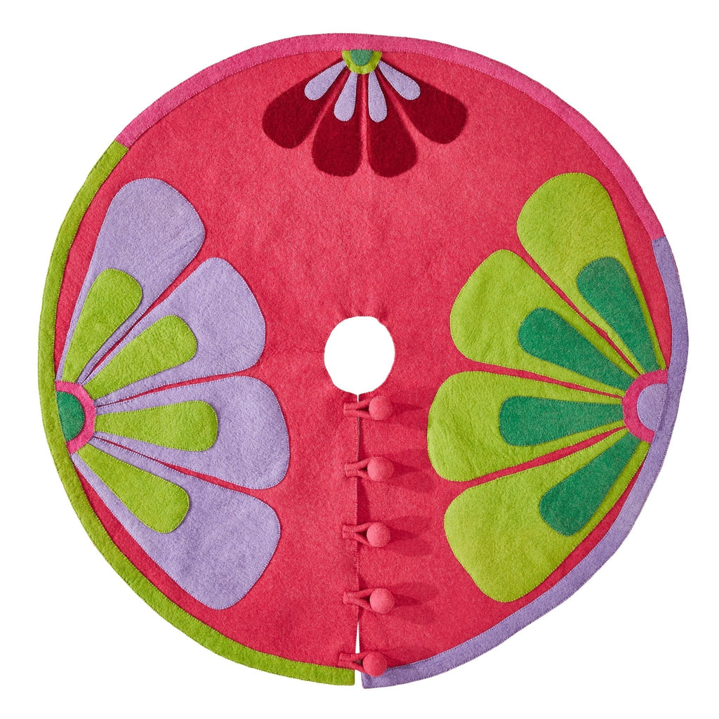 Handmade Retro Flowers Pink Christmas Tree Skirt Felt 60" Arcadia Home