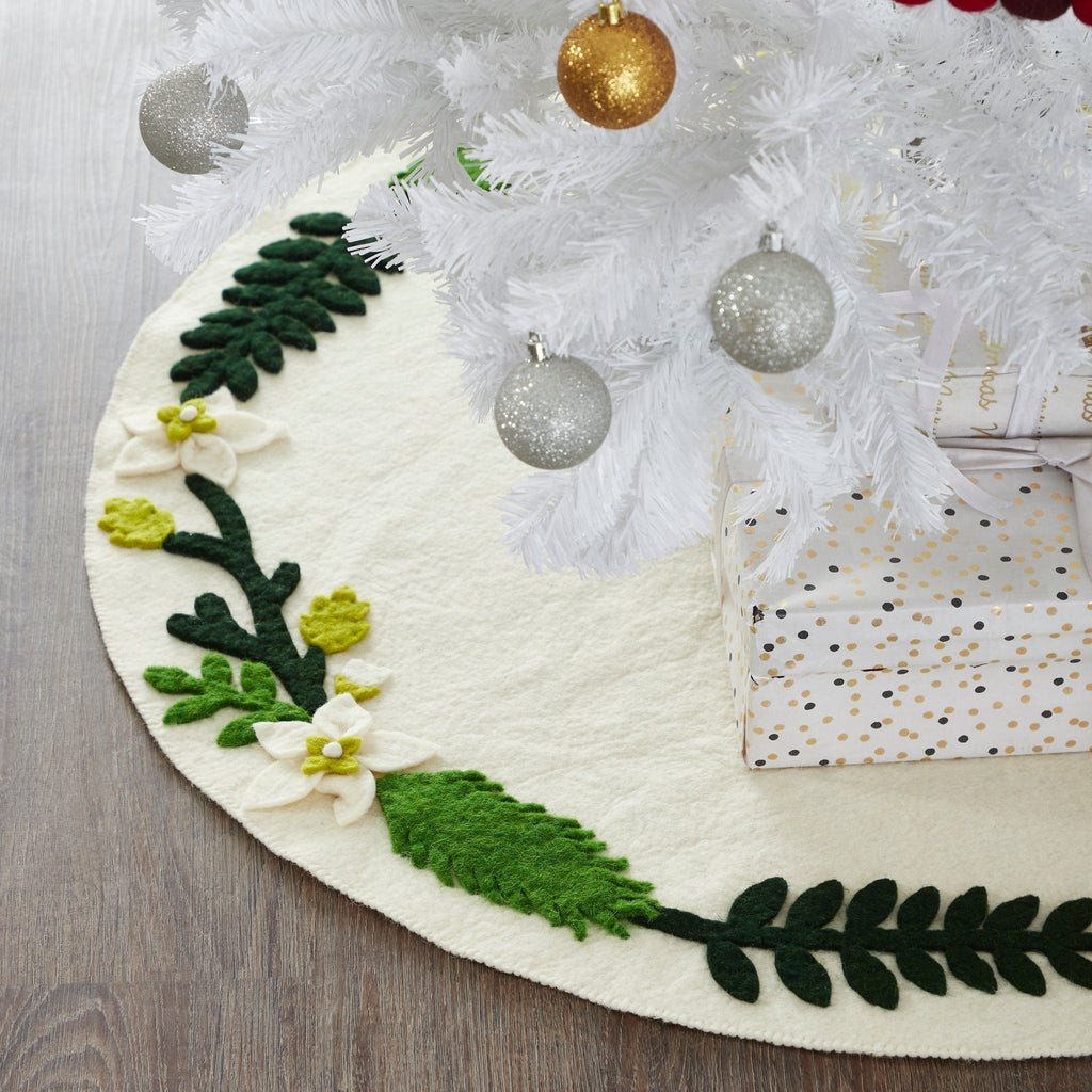 Handmade Christmas Tree Skirt Felt - Greenery Border Cream - 36"/60"/72" Arcadia Home
