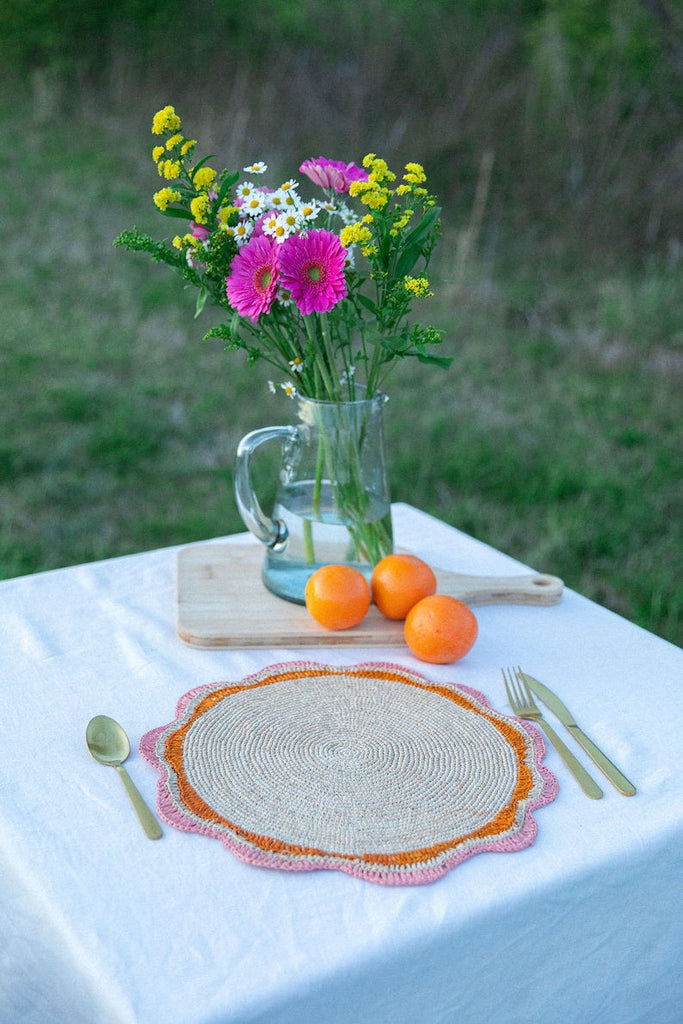 Round Pink Raffia Placemat – 14” Handwoven Crochet – Garden Party & Summer Table Decor