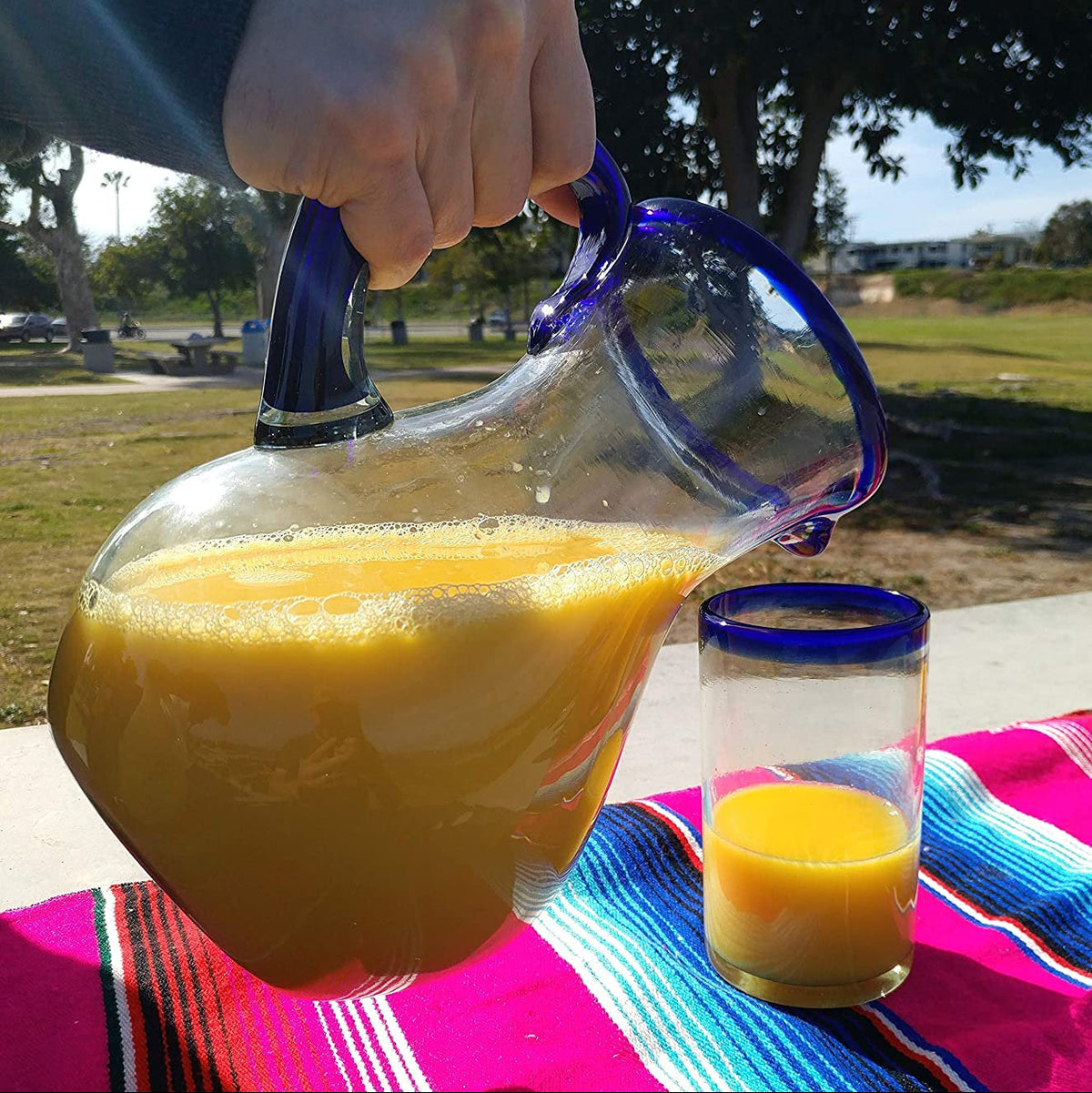 Cobalt Blue Rim & Handle Glass Pitcher – Juice, Margaritas, Water ...