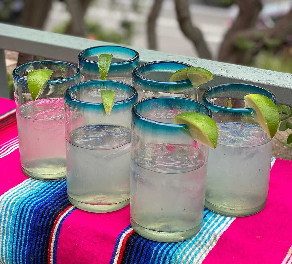 Aqua Rim Drinking Glasses - Set of 6 (14 oz each) | SmithHönig