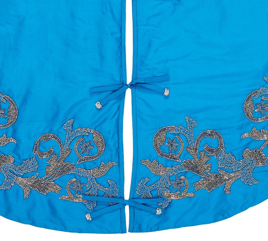 Hand Beaded Imperial Blue Silk Christmas Tree Skirt Blue 60" / 72" Arcadia Home