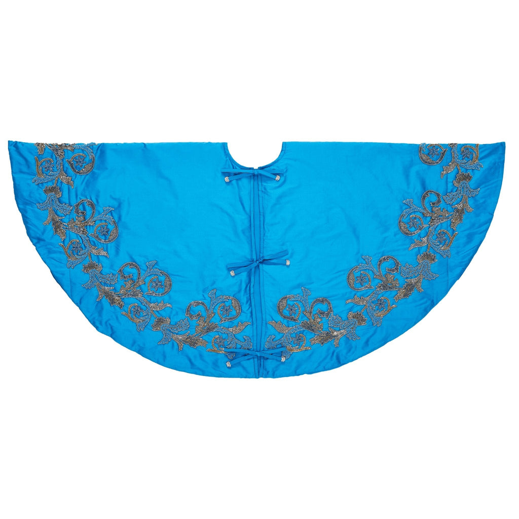 Hand Beaded Imperial Blue Silk Christmas Tree Skirt Blue 60" / 72" Arcadia Home