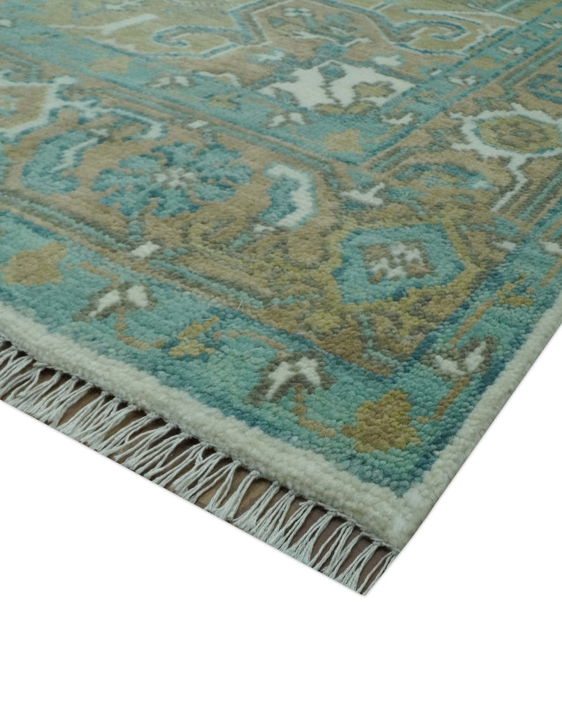 Ivory, Olive and Teal Hand Knotted Traditional Heriz 8x10 wool area rug