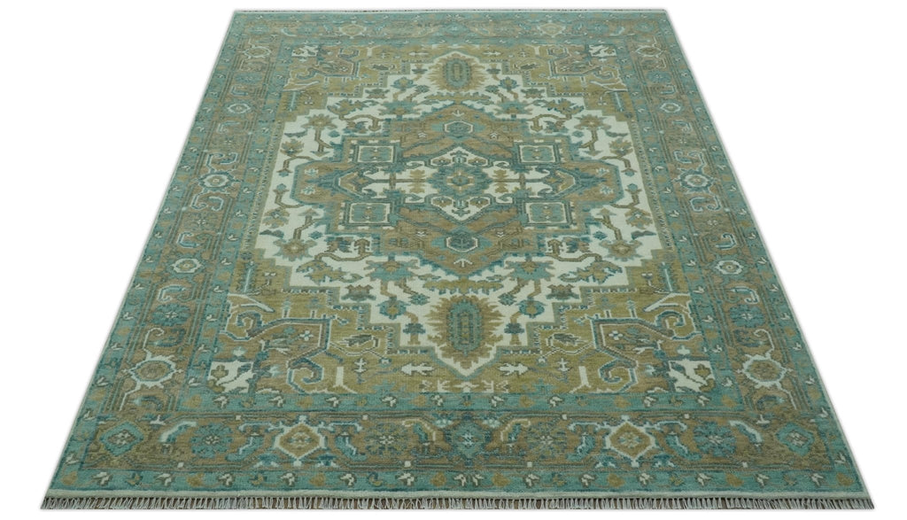 Ivory, Olive and Teal Hand Knotted Traditional Heriz 8x10 wool area rug